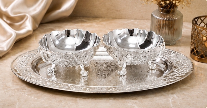 GS-0233 2 Dry Fruit Open Bowls with Matching Tray Set